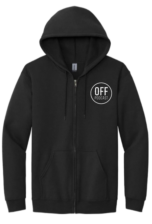 front of full zip up hoodie with OFF Podcast logo
